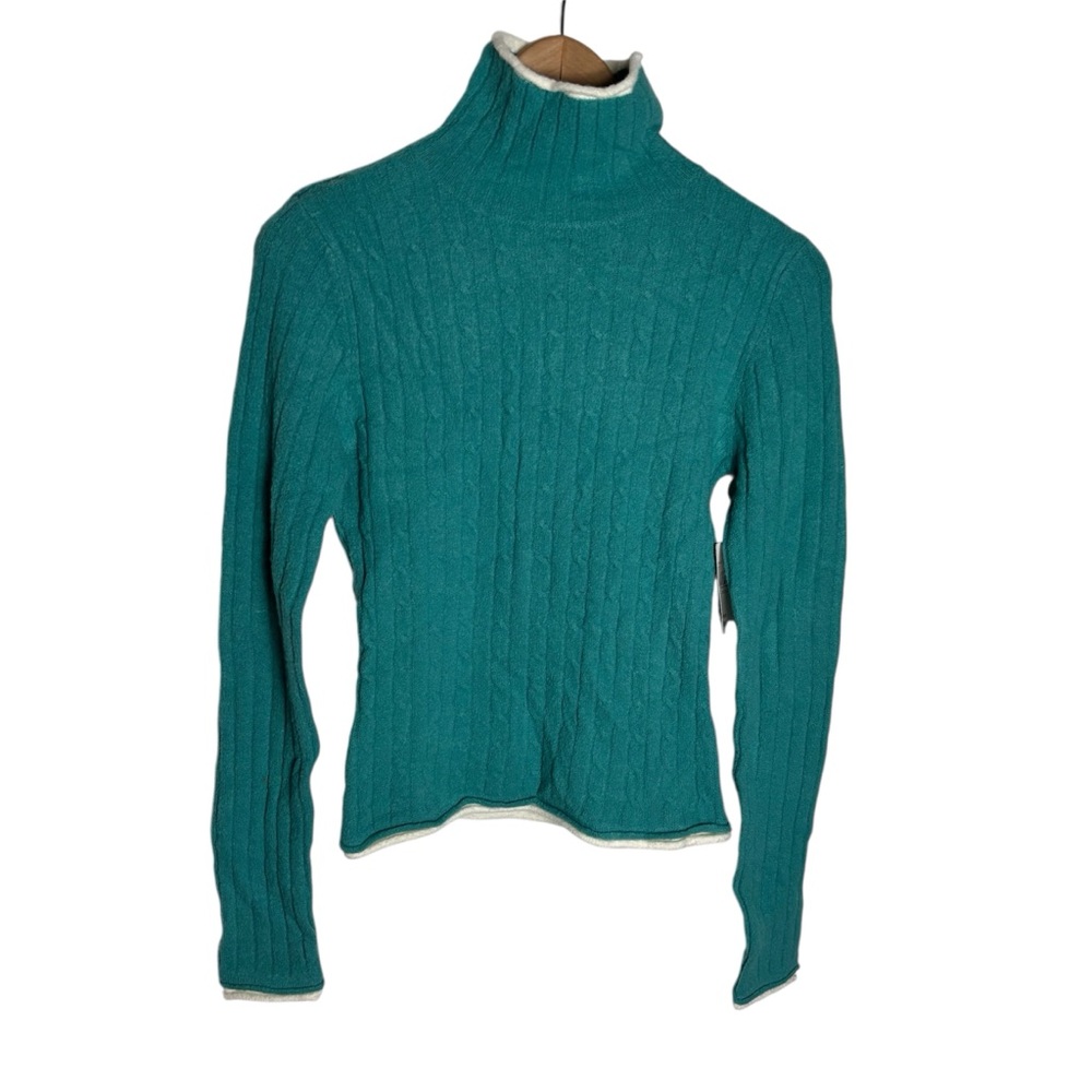 Vintage Y2K Deadstock teal cable knit turtleneck faux layered sweater nylon L